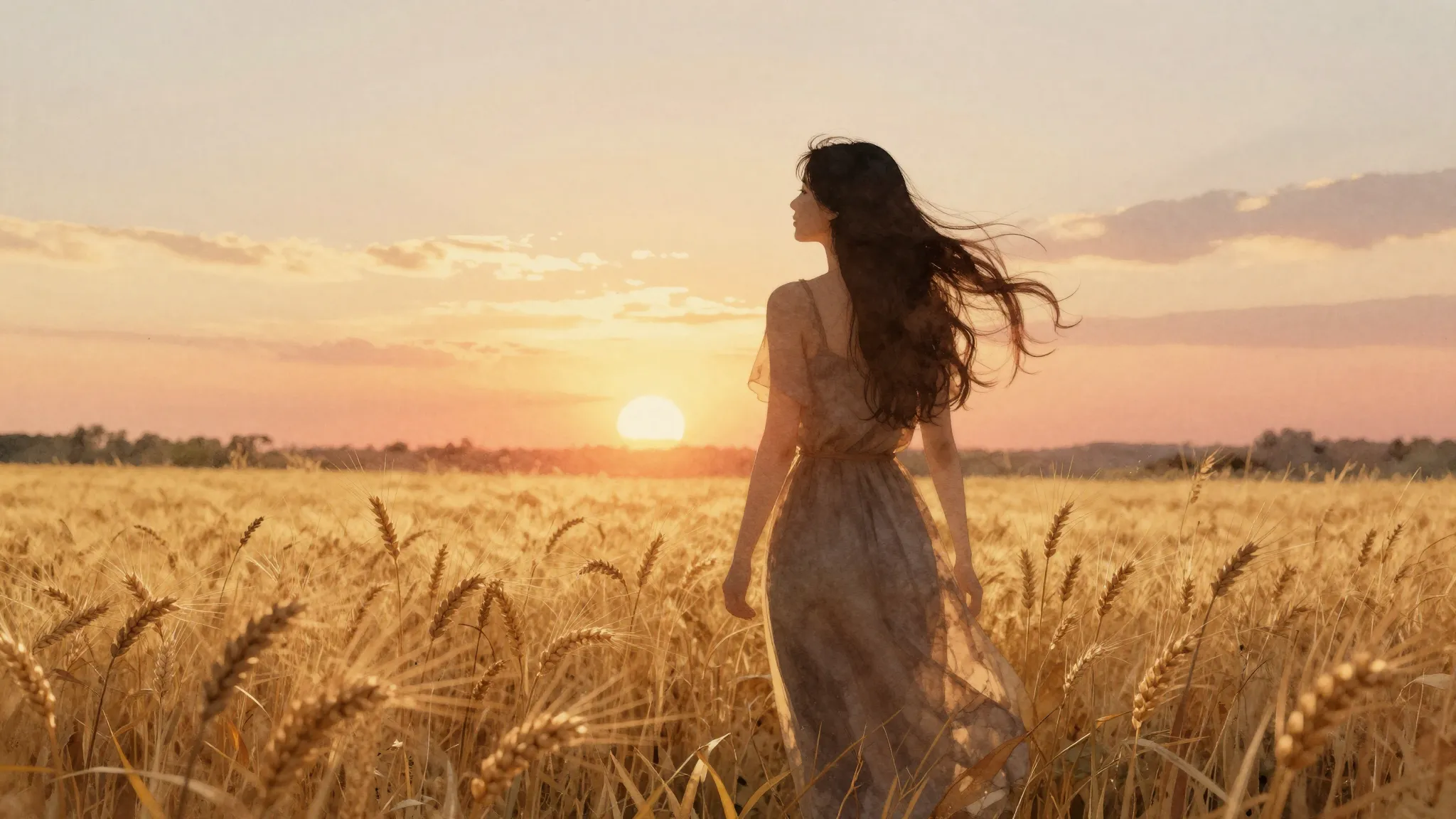 Watercolor style. A silhouette of a woman with long flowing ...