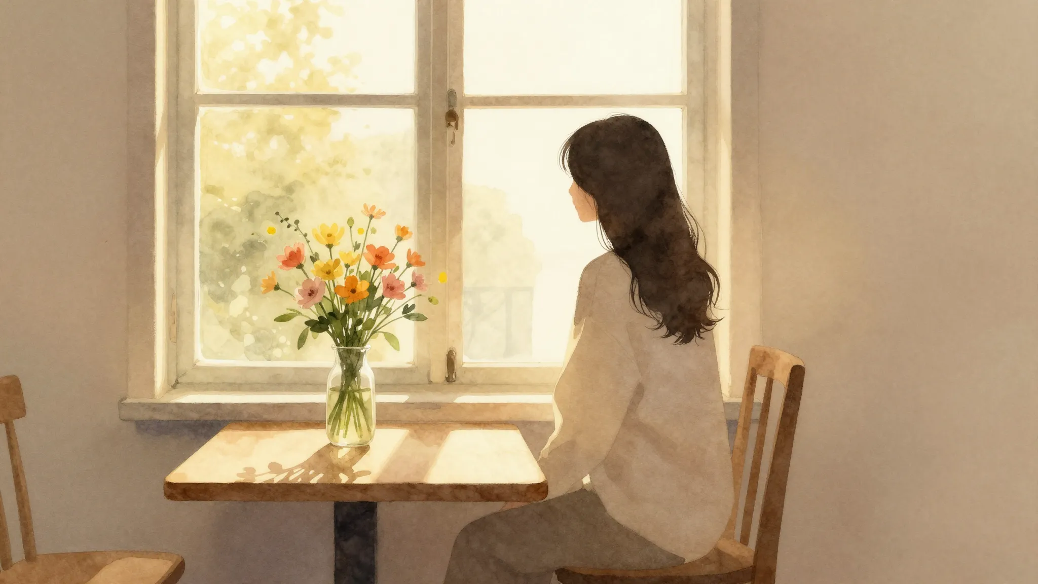 Watercolor style. A warm, cozy interior with a silhouette of...