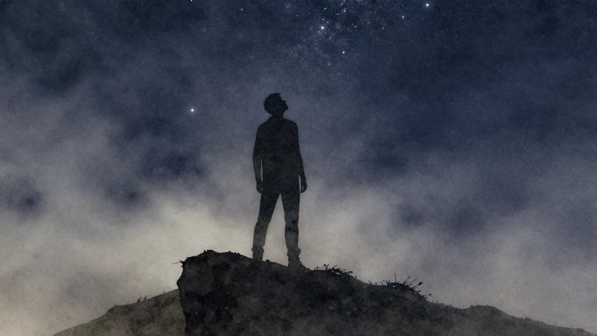 Watercolor style. A dark silhouette standing on a cliff unde...