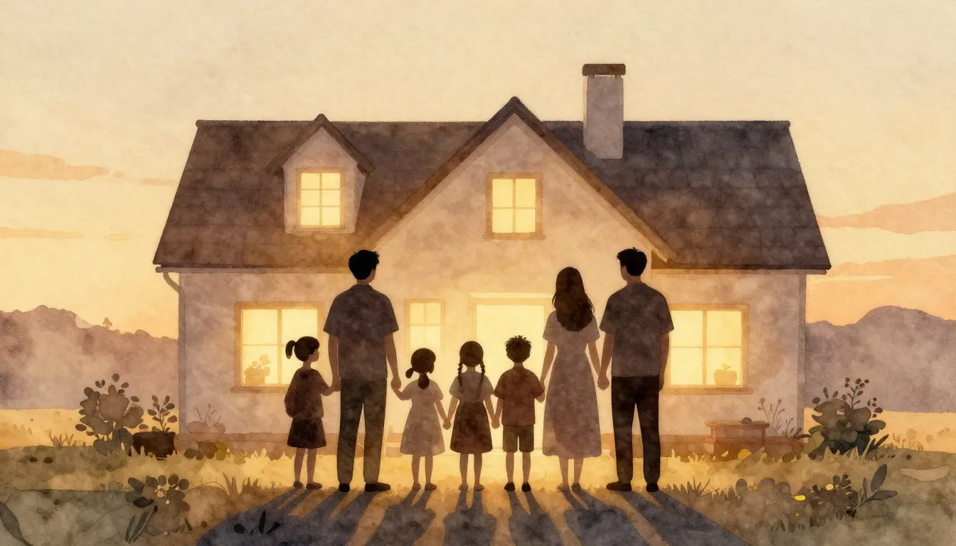 Watercolor style. Silhouettes of a large family standing tog...