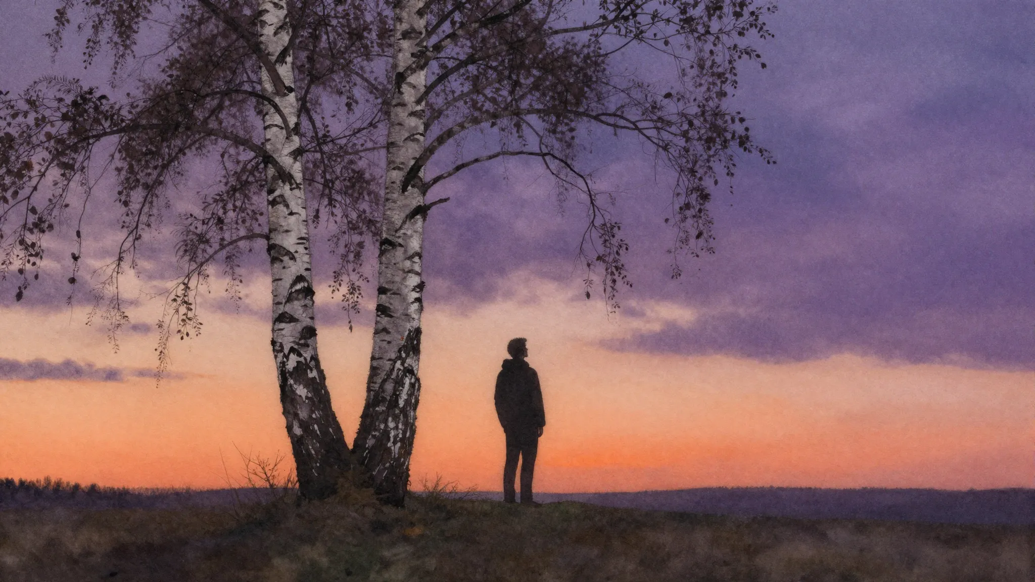 Watercolor style. A lonely silhouette of a man stands under ...