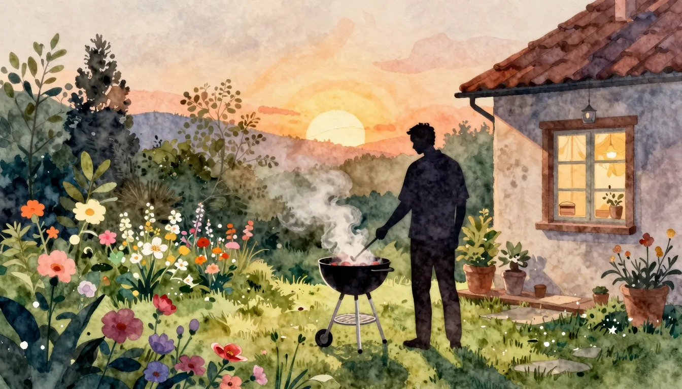 Watercolor style. A silhouette of a man standing in a lush b...