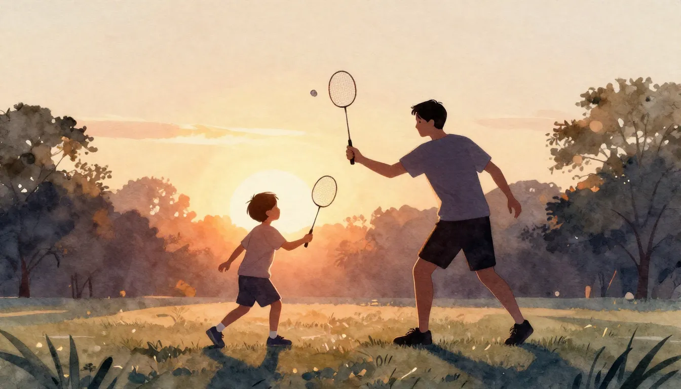 Watercolor style. Silhouette of a father and child playing b...