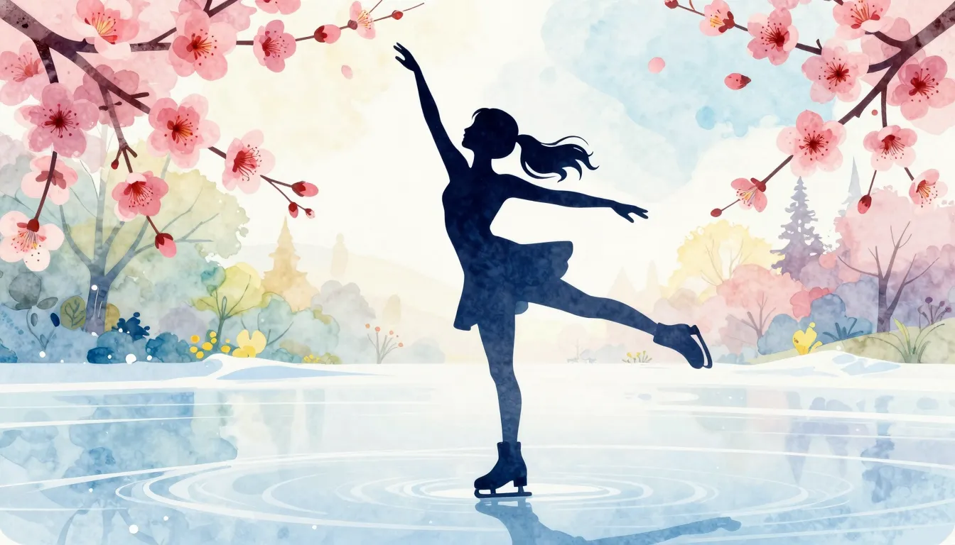 Watercolor style. Silhouette of a girl dancing and ice skati...