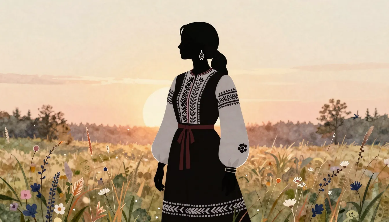 Watercolor style. Silhouette of a young woman in a tradition...
