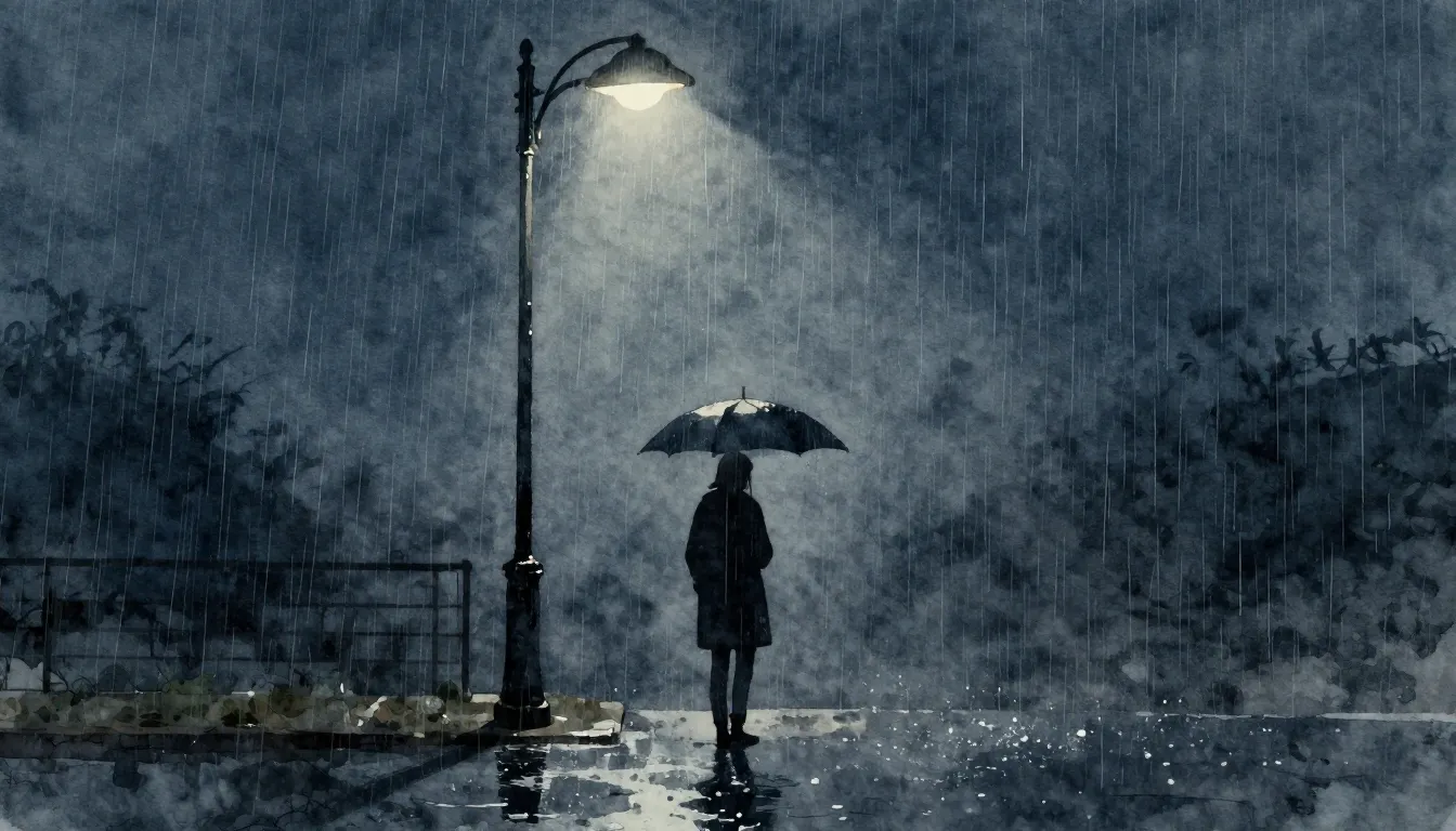 Watercolor style. A lonely silhouette of a person standing u...