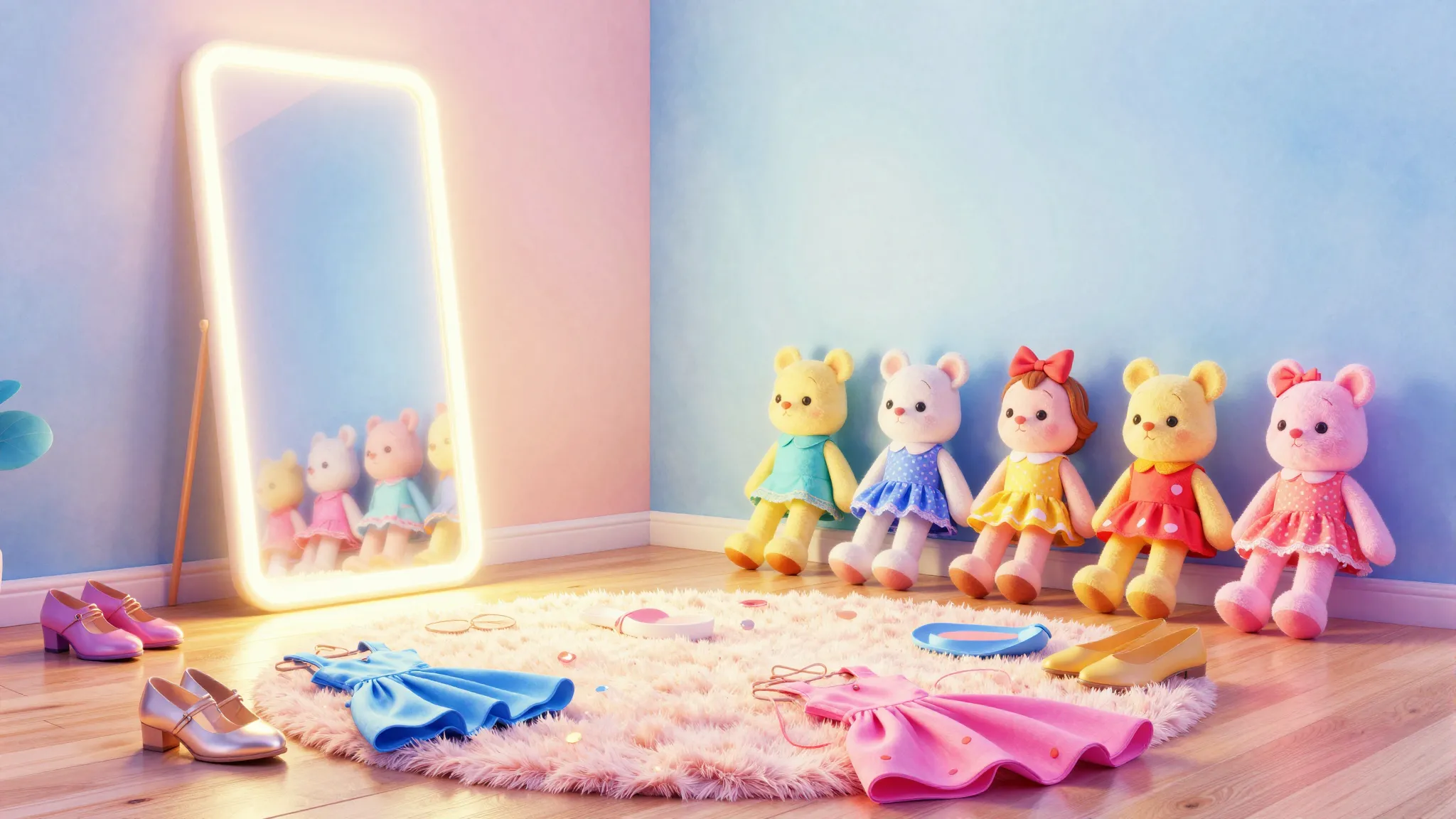 Watercolor style. A bright colorful room with a glowing mirr...