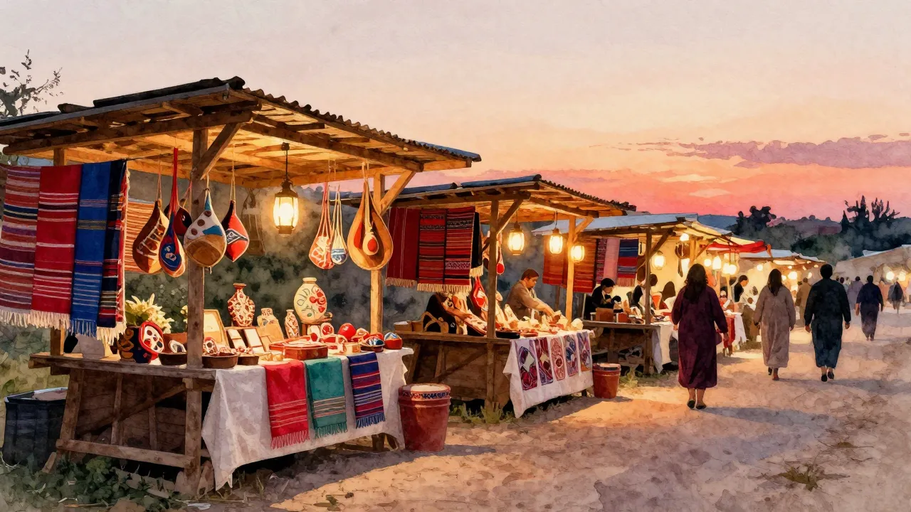 Vibrant watercolor style. A folk market scene at sunset, woo...