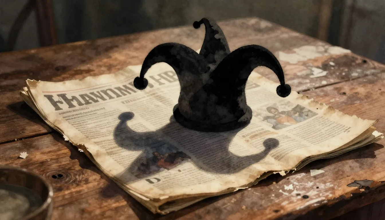 Watercolor style. A silhouette of a jester's hat casting a l...