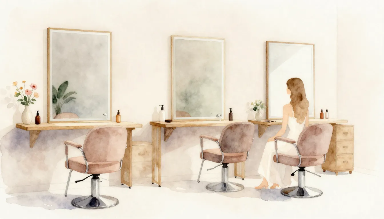 Watercolor style. Minimalist aesthetic beauty salon interior...