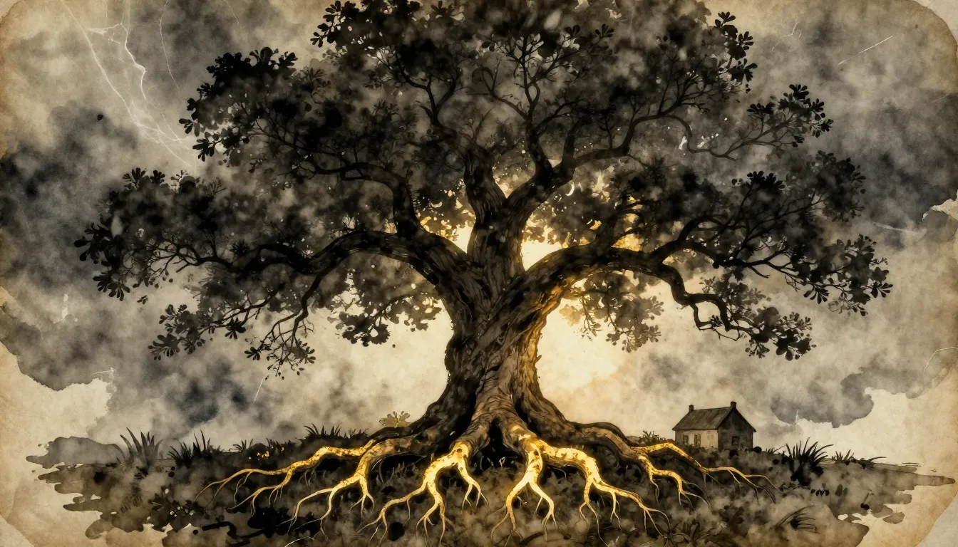 Watercolor style. A silhouette of a strong oak tree with dee...