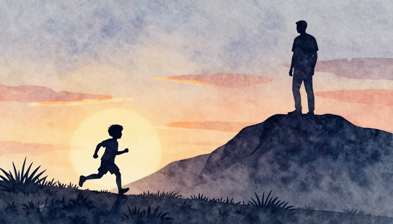 Watercolor style. A silhouette of a small boy running throug...