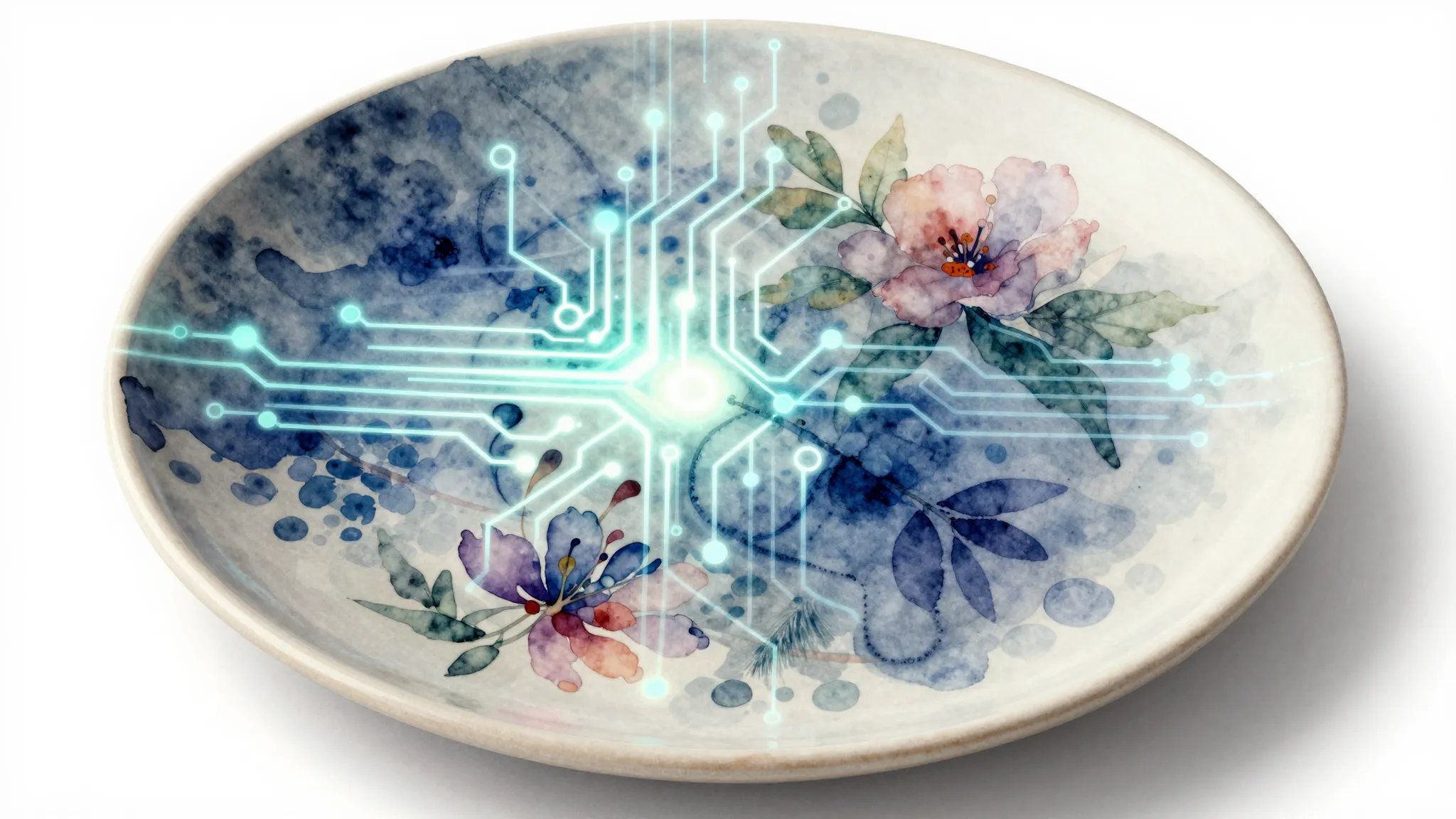 Watercolor style. A ceramic plate with an abstract digital p...