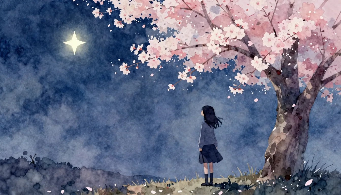 Watercolor style. A silhouette of a girl stands under a bloo...
