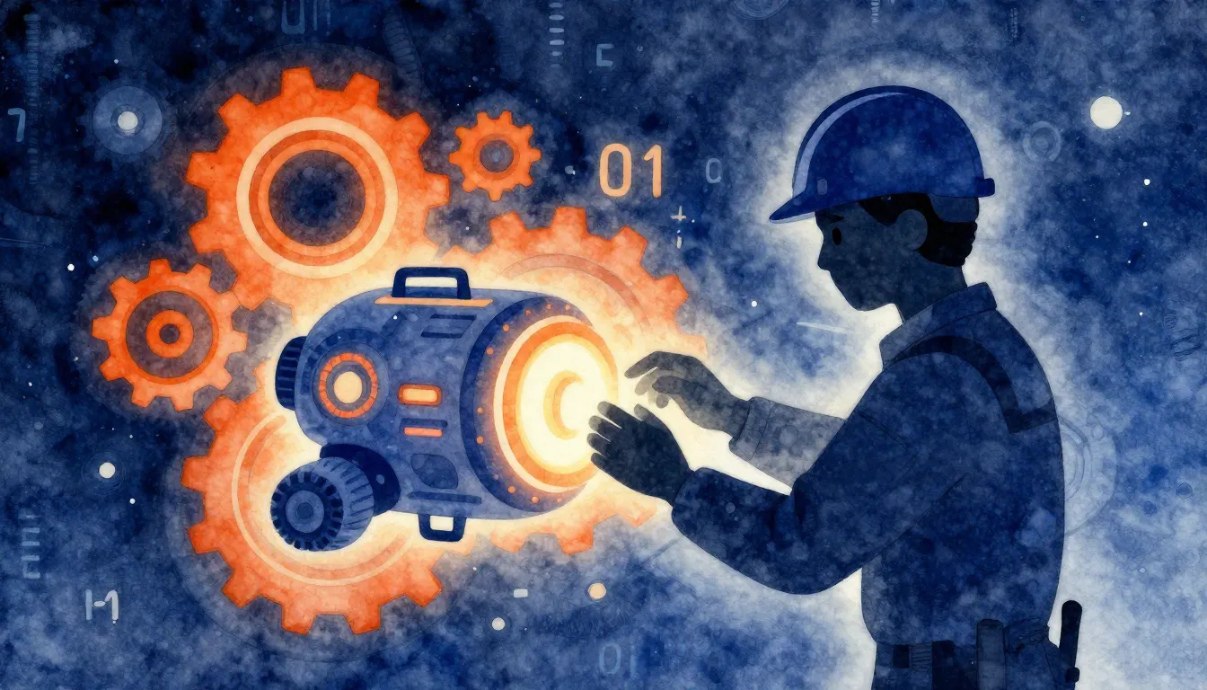 Watercolor style. A stylized silhouette of a mechanic with a...