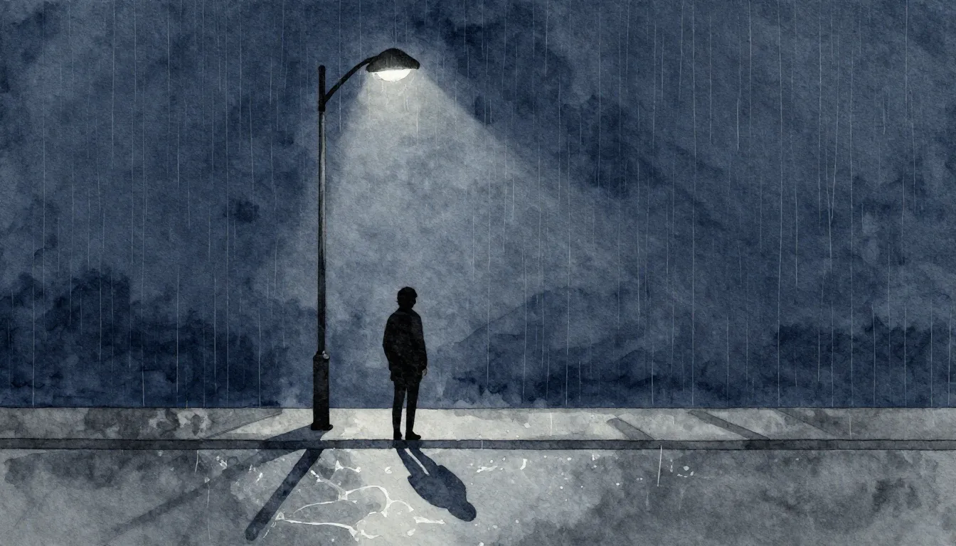 Watercolor style. A lonely silhouette of a person standing u...