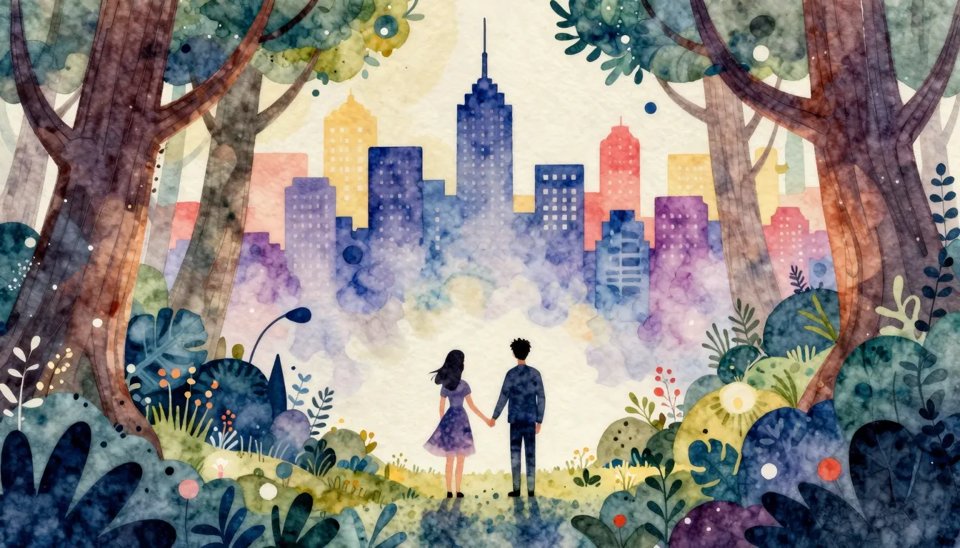 Watercolor style. Whimsical illustration of a stylized fores...