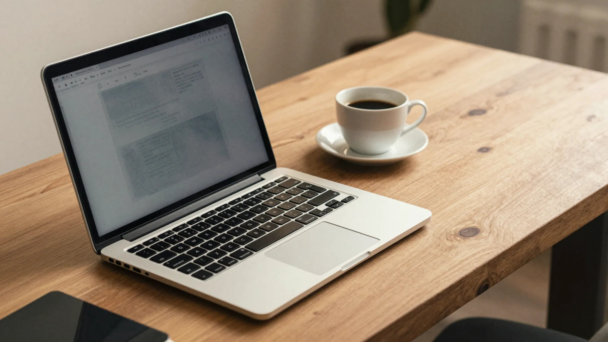 Watercolor style. A modern workspace with a MacBook on a woo...
