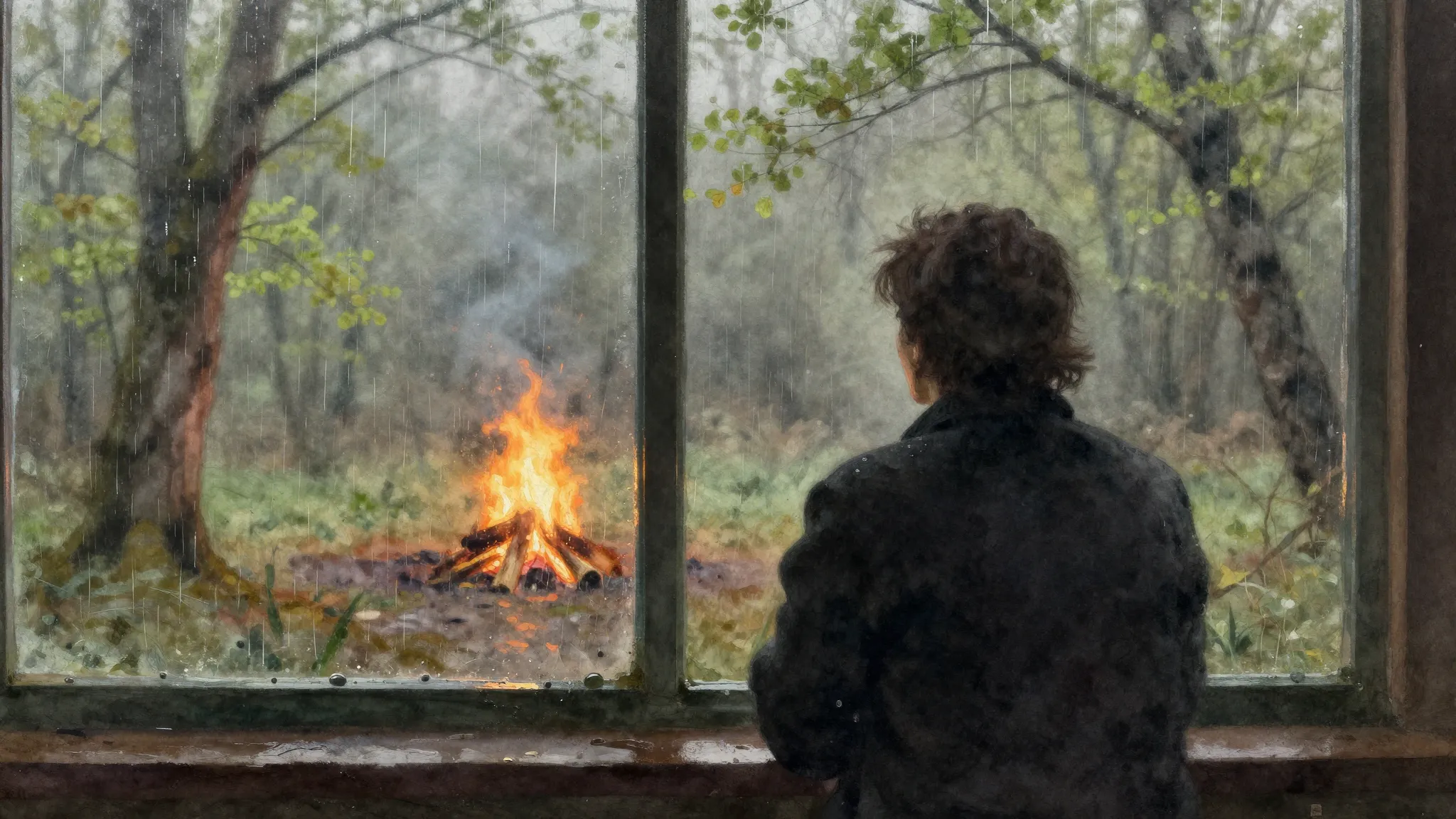 Watercolor style. A silhouette of a person looking through a...