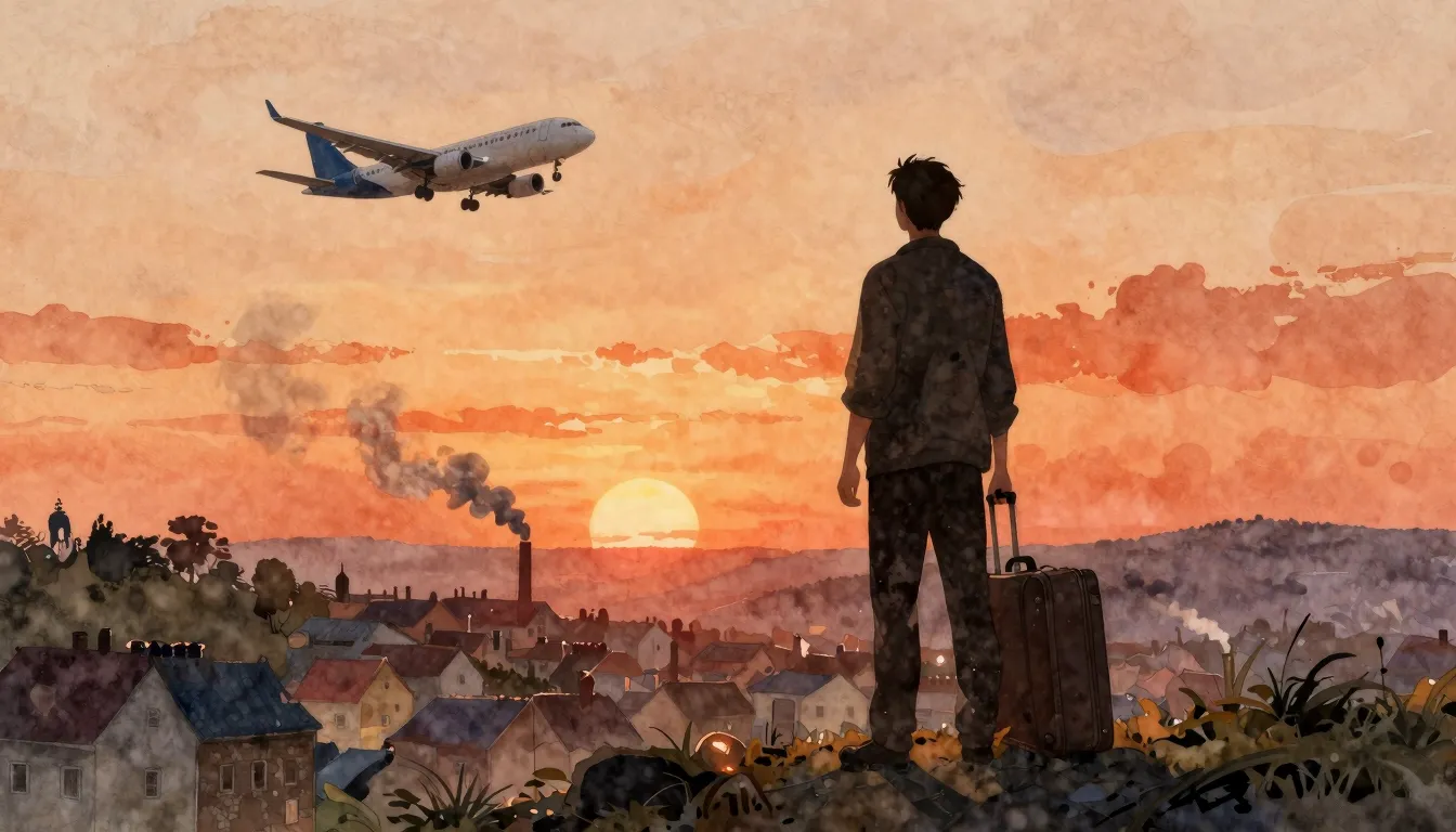 Watercolor style. A silhouette of a man with a suitcase stan...