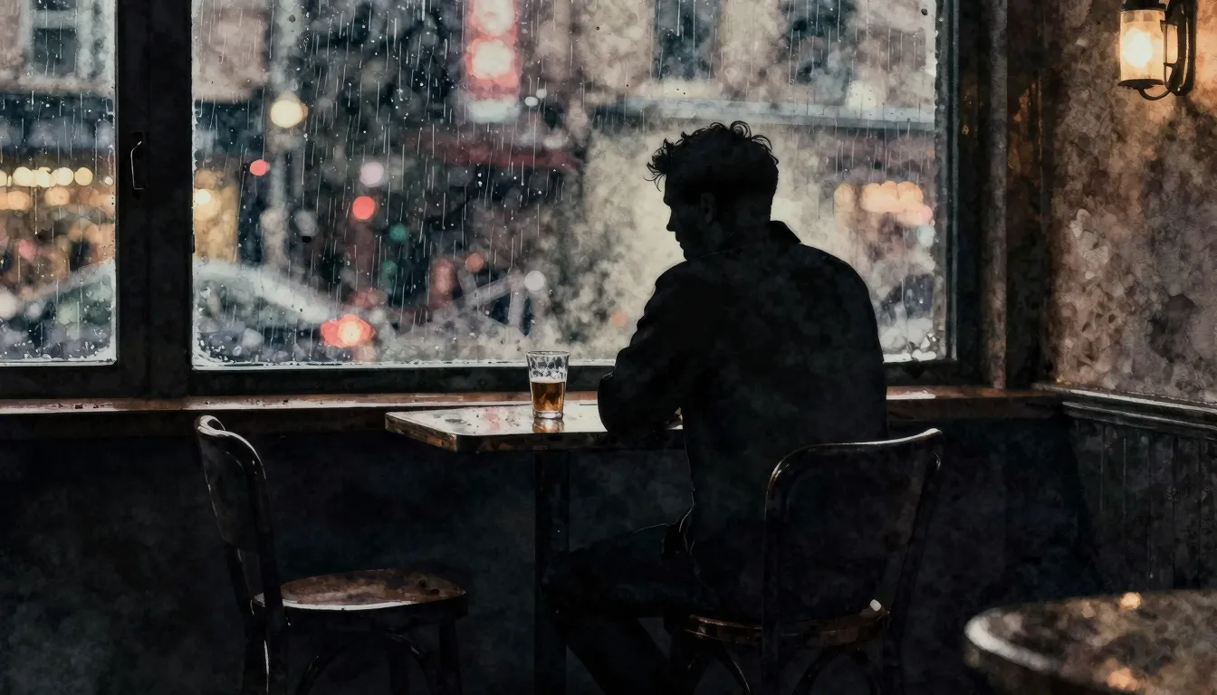 Watercolor style. A silhouette of a man sitting alone at a s...
