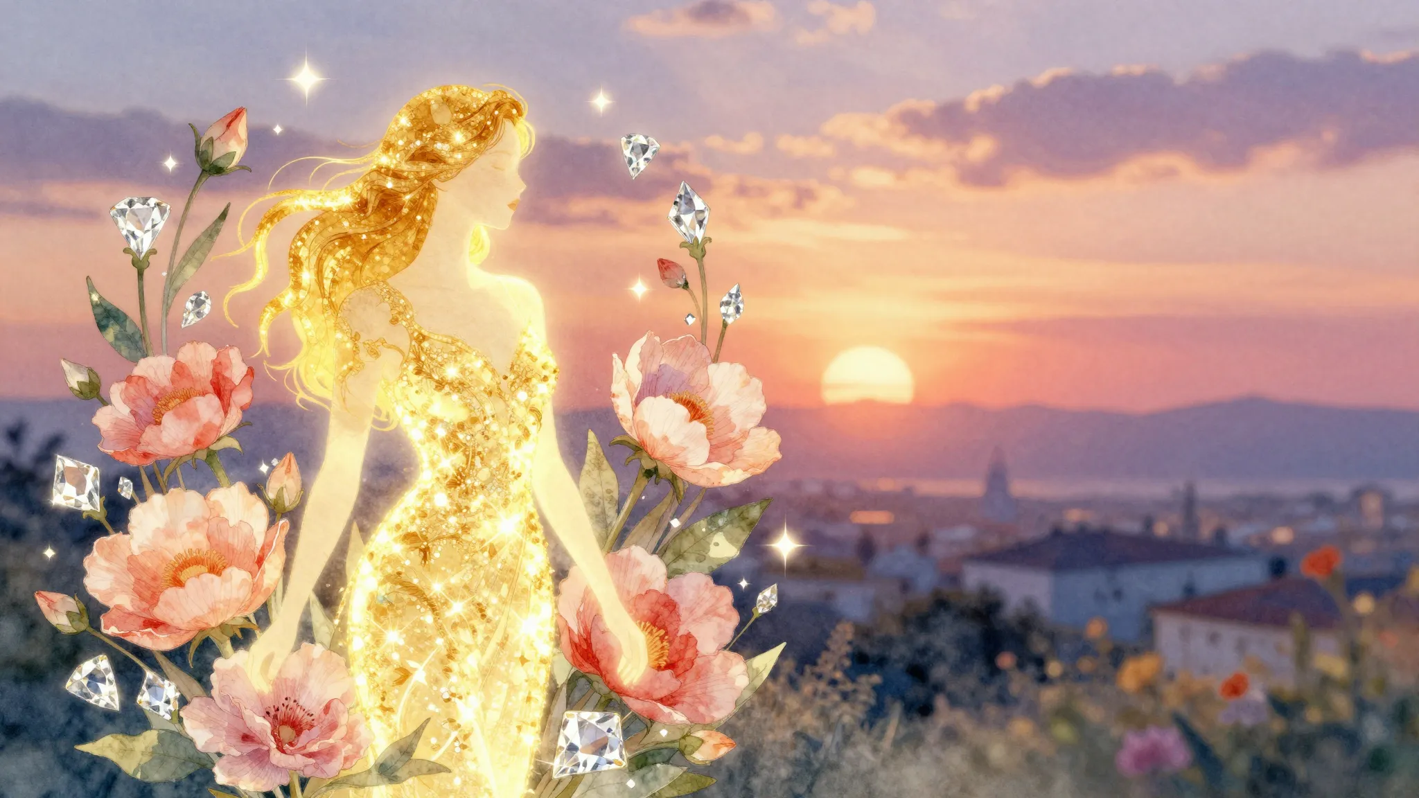 Watercolor style. A vibrant digital art piece featuring a gl...