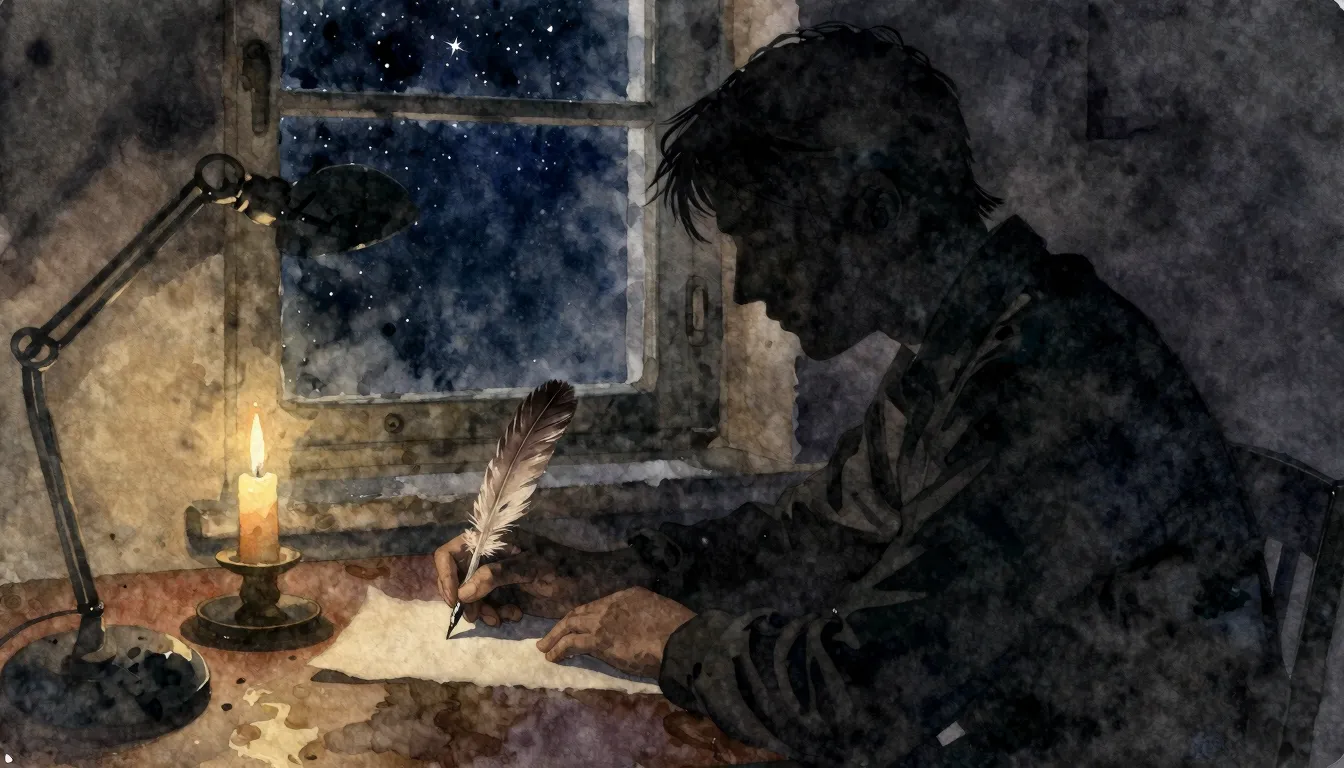 Watercolor style. A silhouette of a writer at a desk in a da...