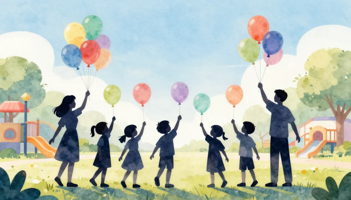 Watercolor style. Silhouette of children and parents releasi...