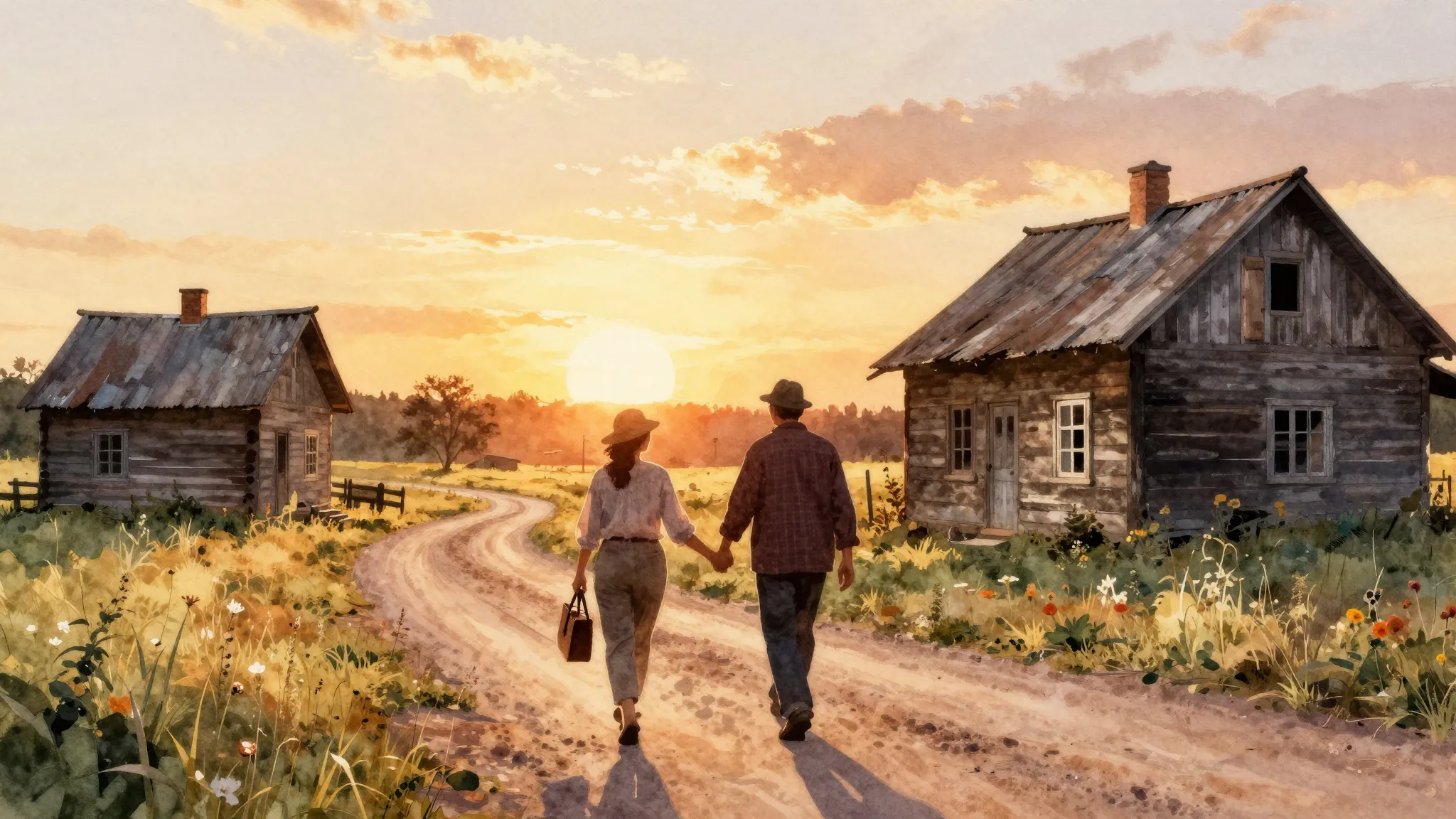 Vibrant watercolor style. Country song cover: A cozy, rustic...