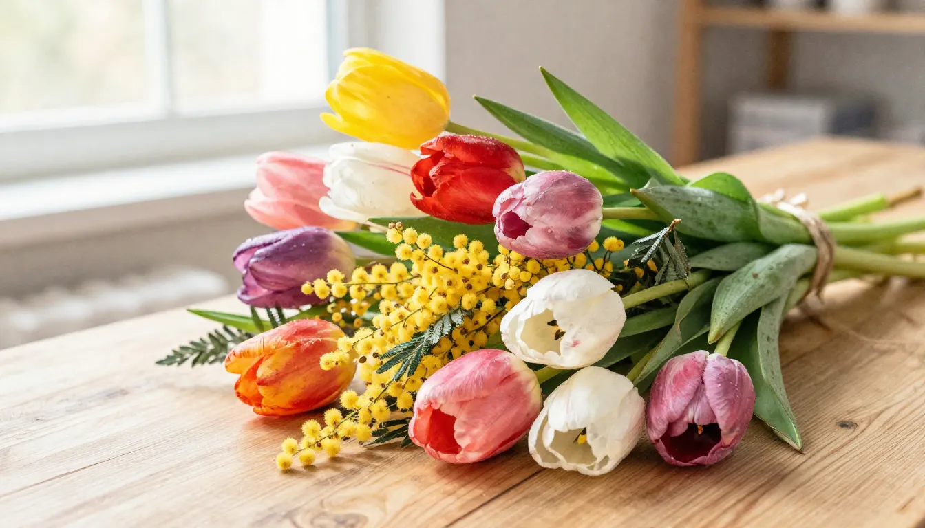 Watercolor style. A vibrant spring bouquet of tulips and mim...