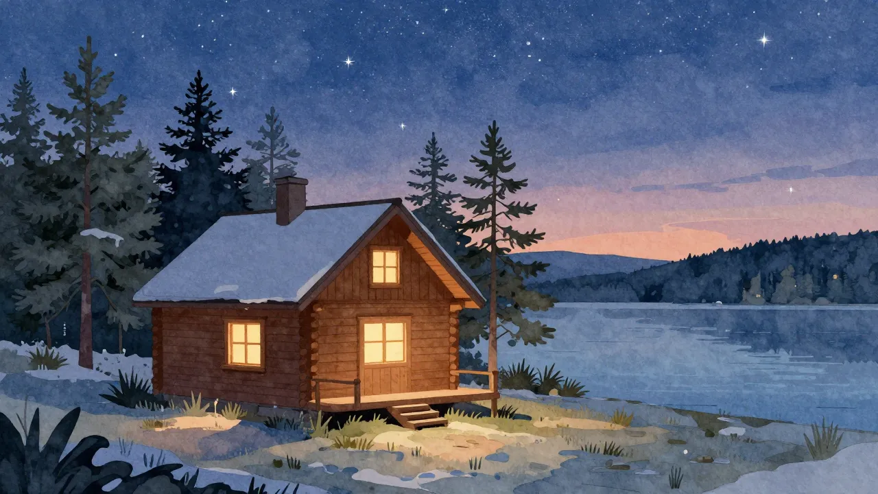 Watercolor style. A cozy wooden house near a northern lake w...