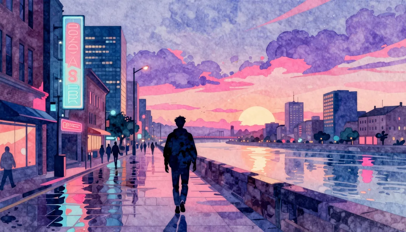 Watercolor style. A vibrant city street at sunset, stylized ...