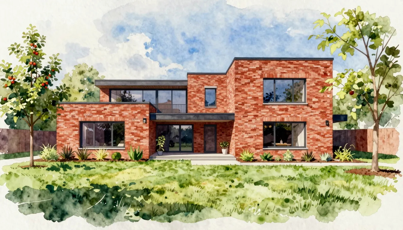 Watercolor style. Modern red brick house with a wide facade,...