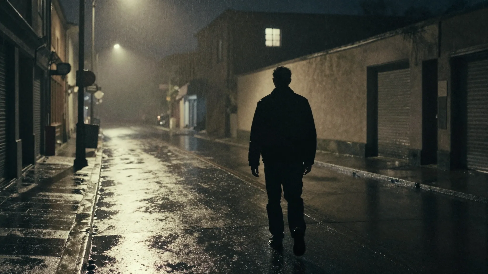 Watercolor style. A silhouette of a man walking away down a ...