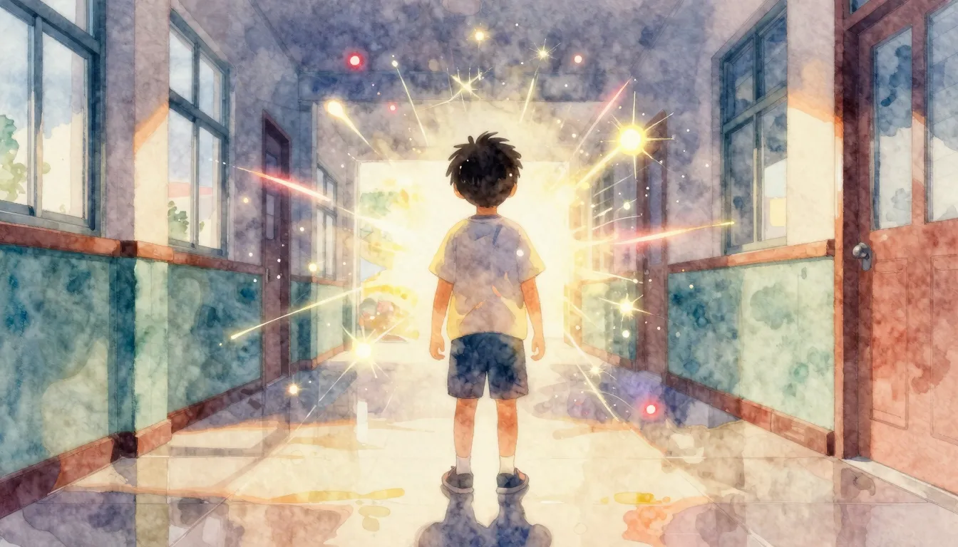Watercolor style. A bright, glowing silhouette of a child st...