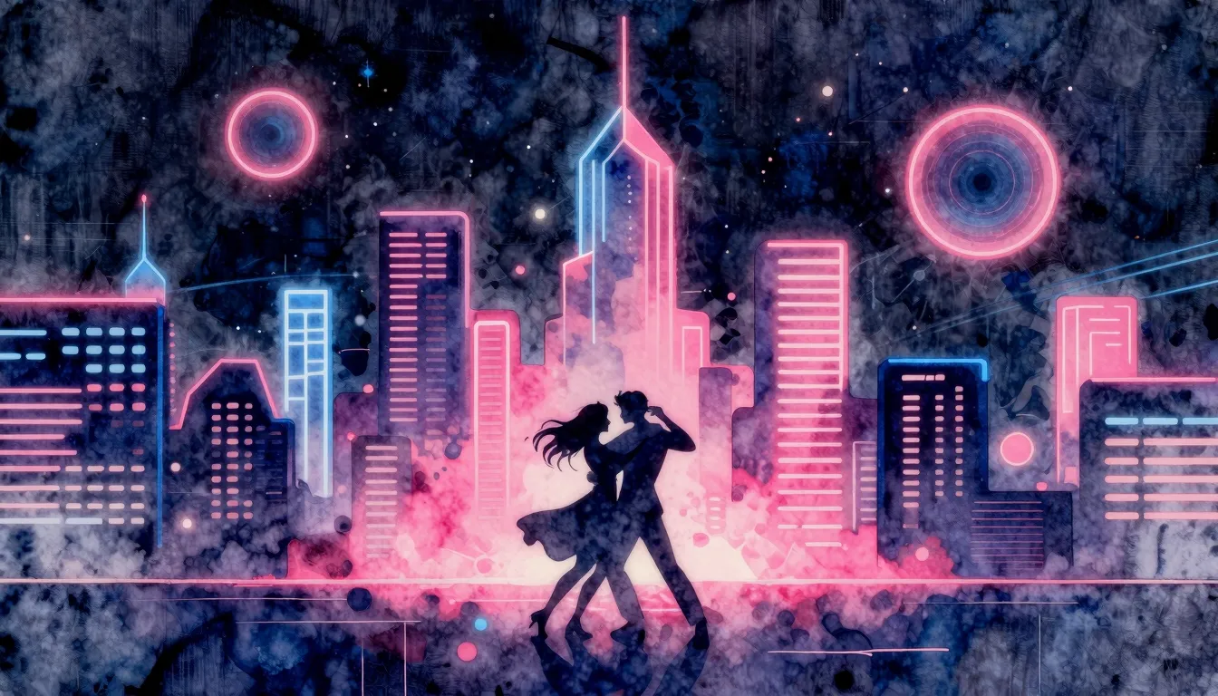 Watercolor style. Neon city skyline at night, glowing abstra...