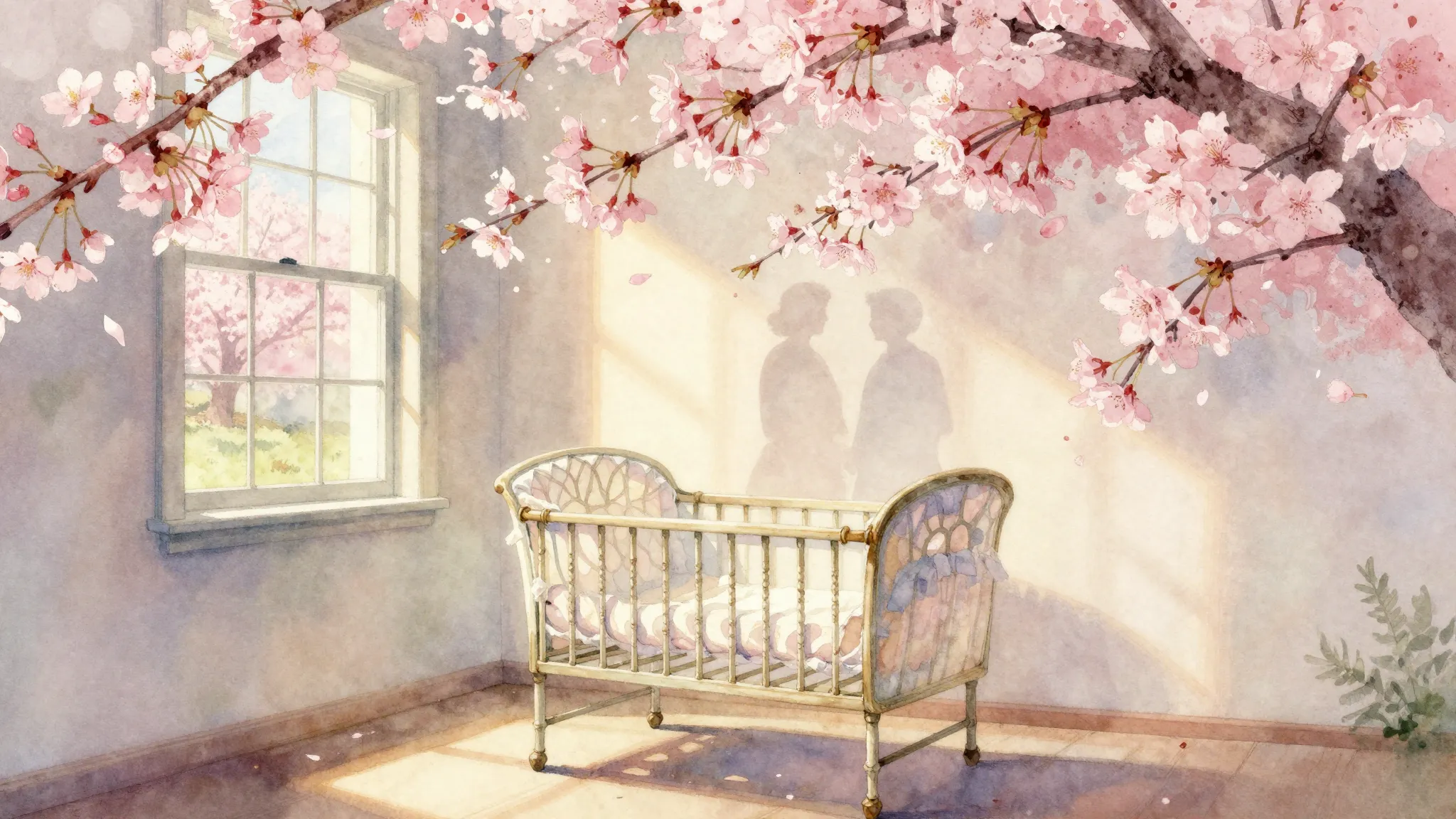 Watercolor style. A warm spring scene in April 1958, bloomin...