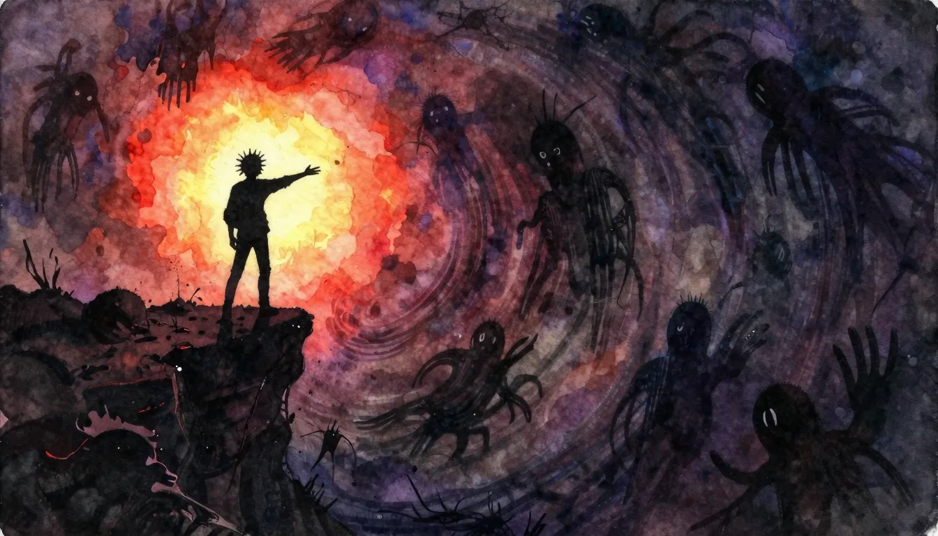 Vibrant watercolor style. Punk rock album cover. Dark, gritt...