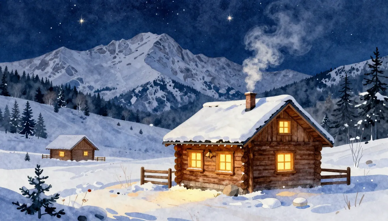 Watercolor style. Cozy wooden cabin in a snowy valley, warm ...
