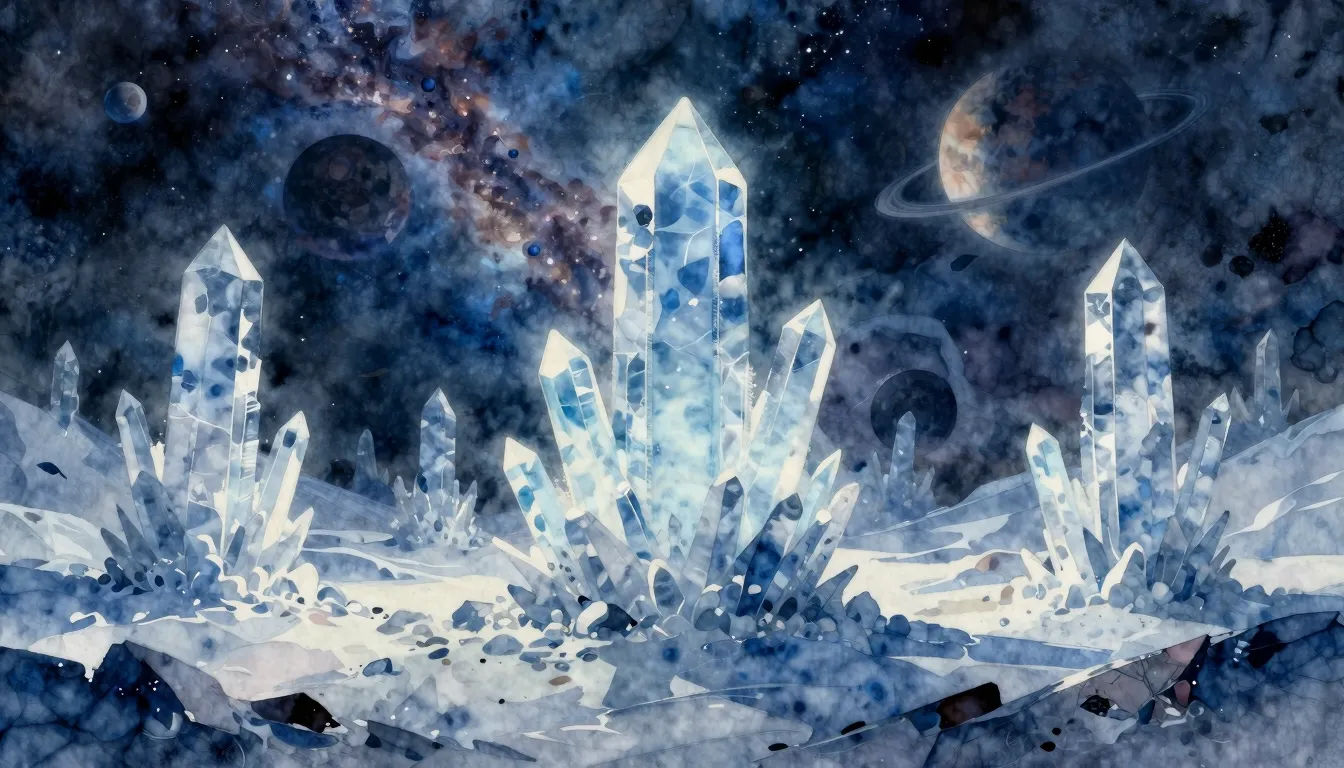 Watercolor style. A vast frozen cosmic landscape with glowin...