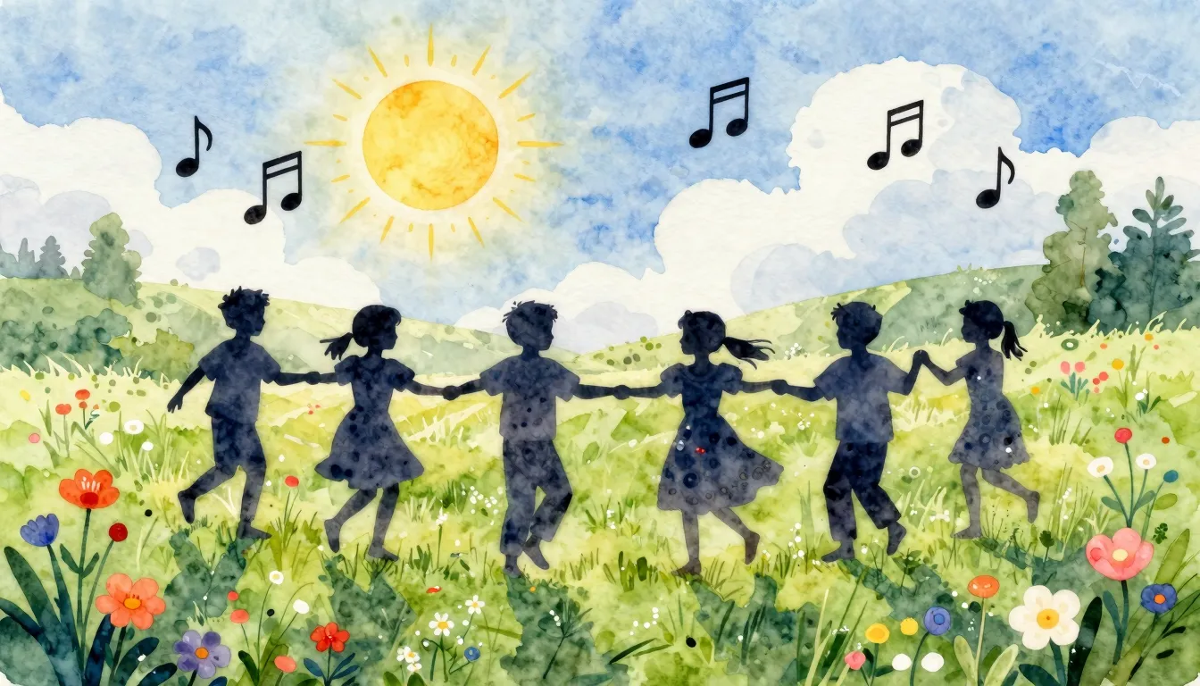 Watercolor style. Silhouettes of children dancing in a circl...