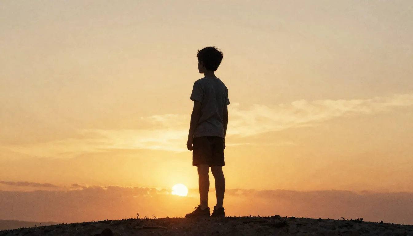 Watercolor style. A silhouette of a young boy standing tall ...