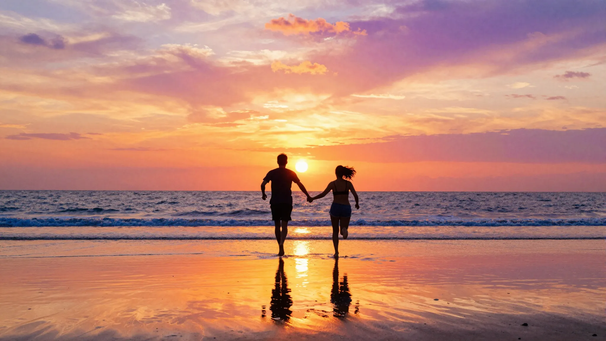 Watercolor style. A vibrant sunset over the ocean, silhouett...