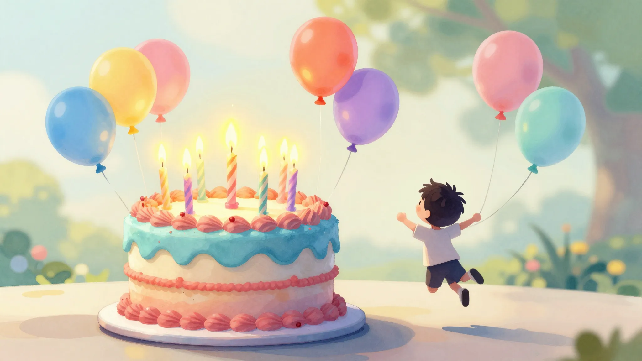 Watercolor style. A colorful birthday cake with glowing cand...