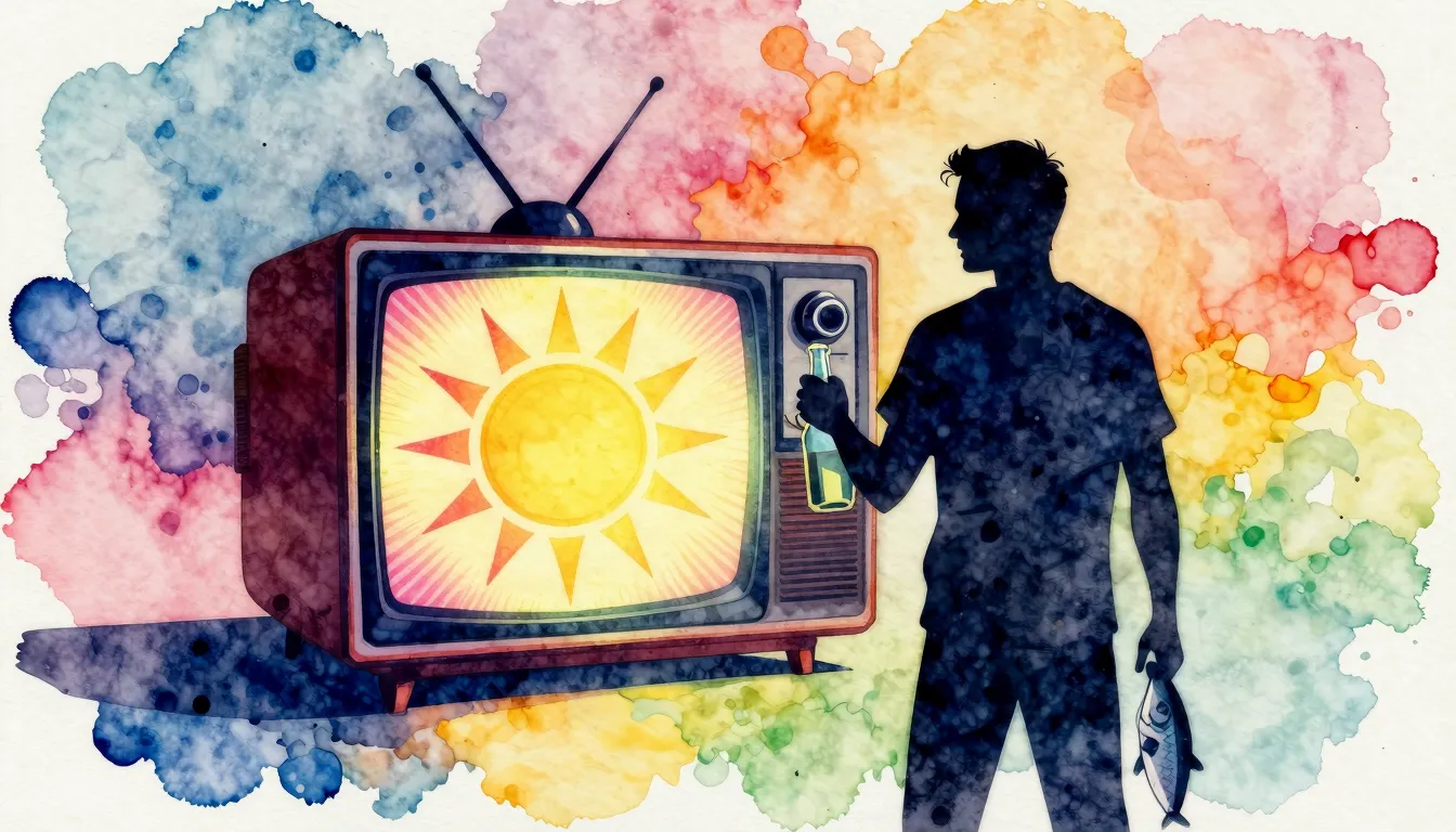 Watercolor style. A silhouette of a man holding a bottle and...