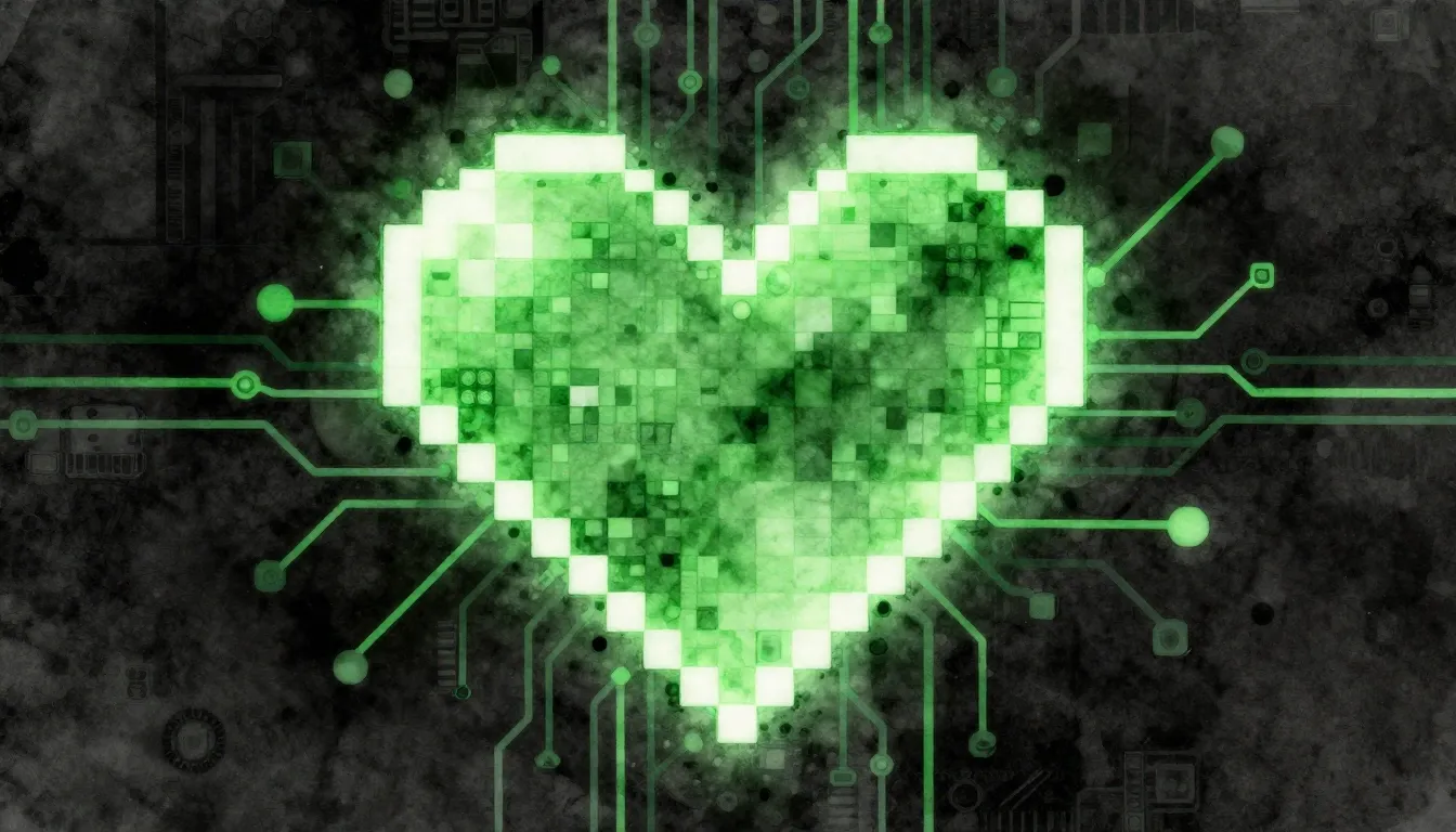 Watercolor style. A stylized digital heart made of glowing 8...