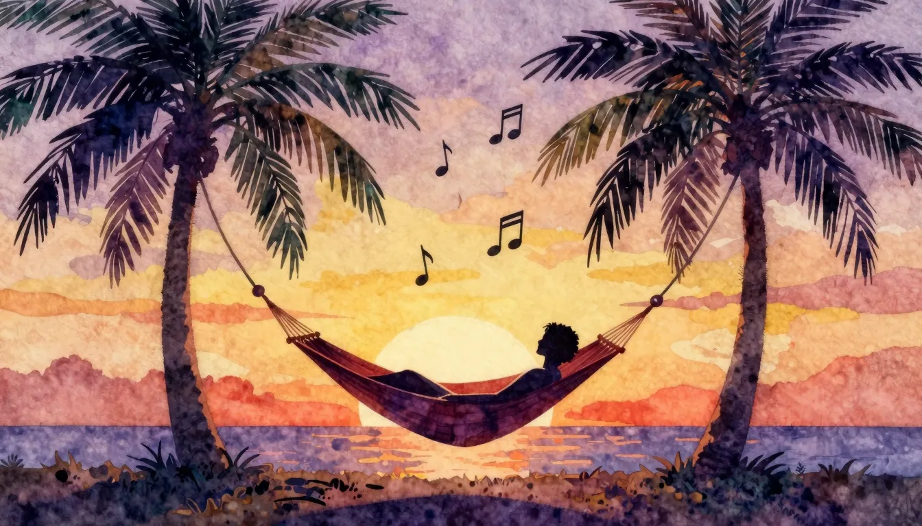 Watercolor style. A silhouette of a person chilling in a ham...