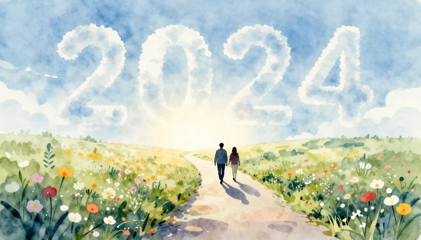 Watercolor style. A stylized path winding through a blooming...