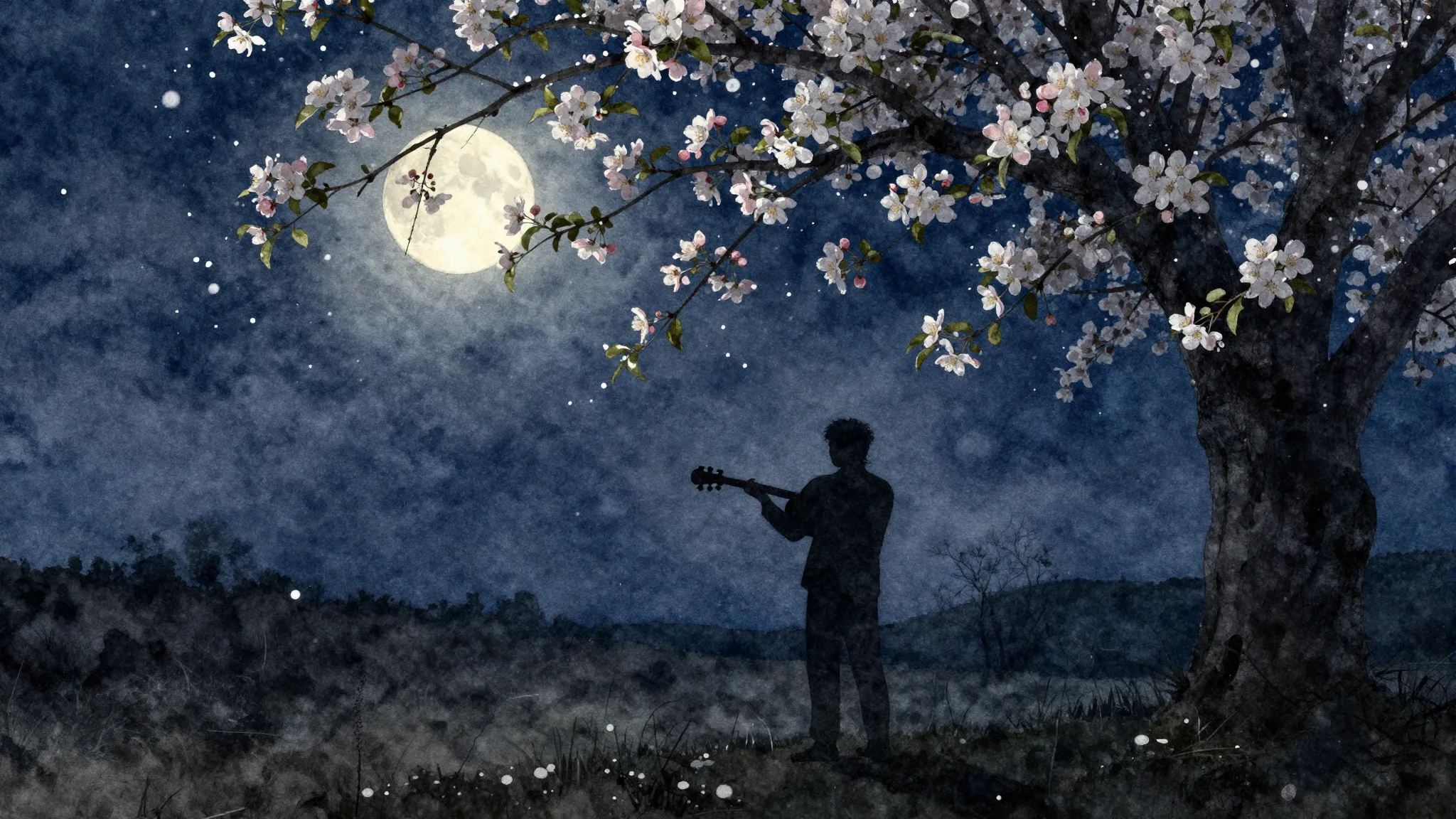 Watercolor style. A dark night landscape with a silhouette o...