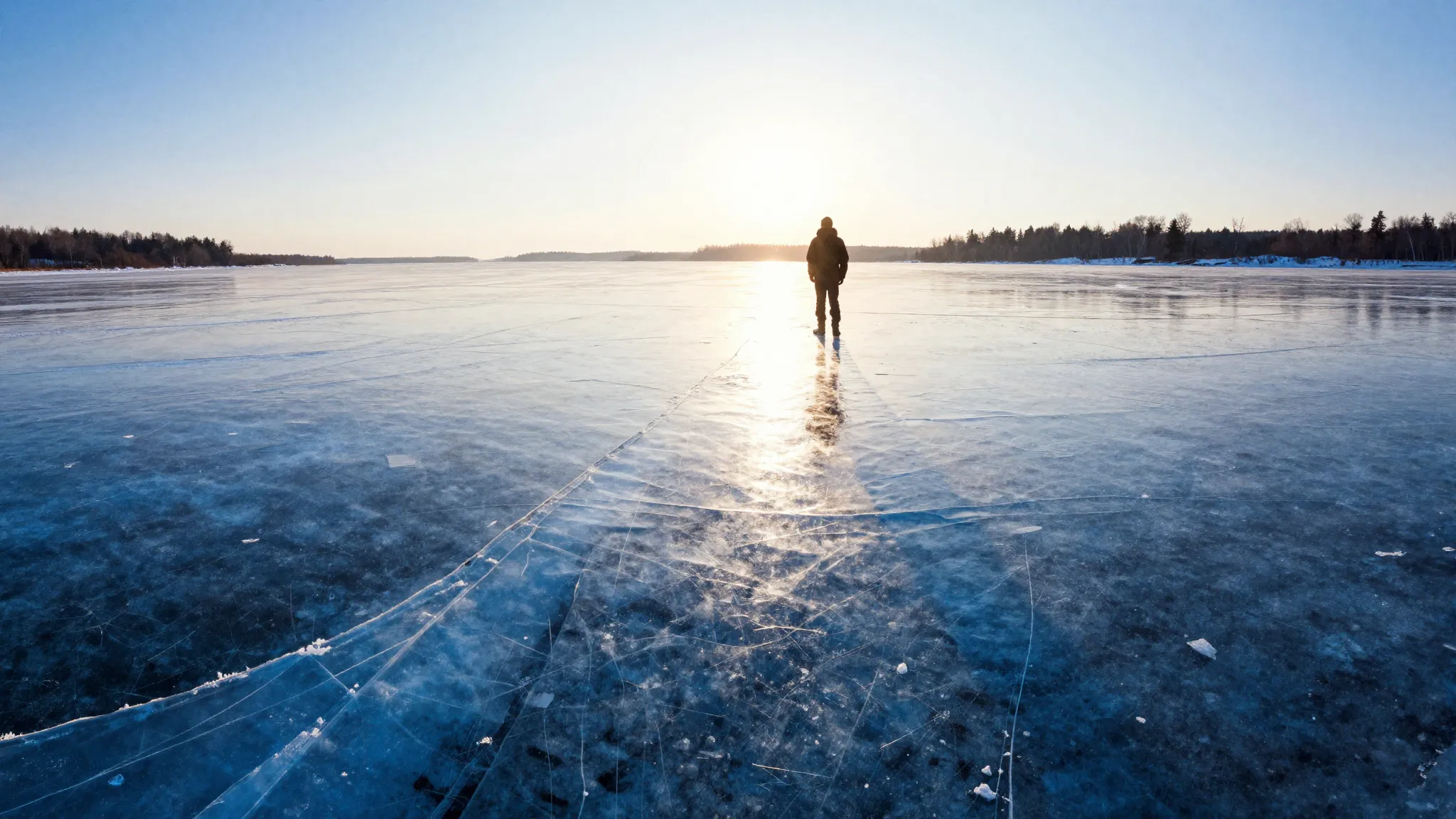 Watercolor style. A vast frozen lake with deep blue ice crac...